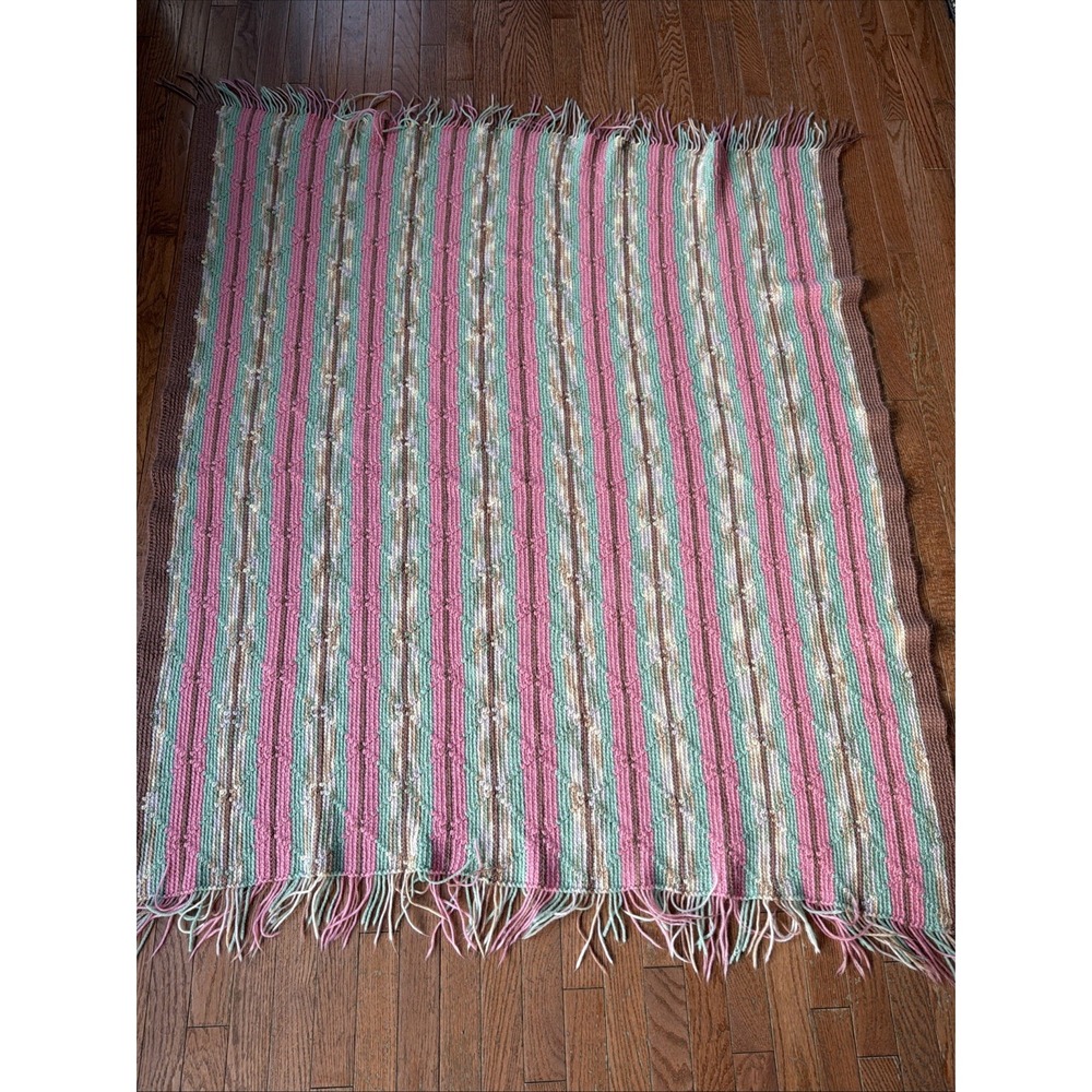 ESTATE SALE~Handmade CROCHET Vintage Afghan Blanket Throw 63"x49" fringe Pastel